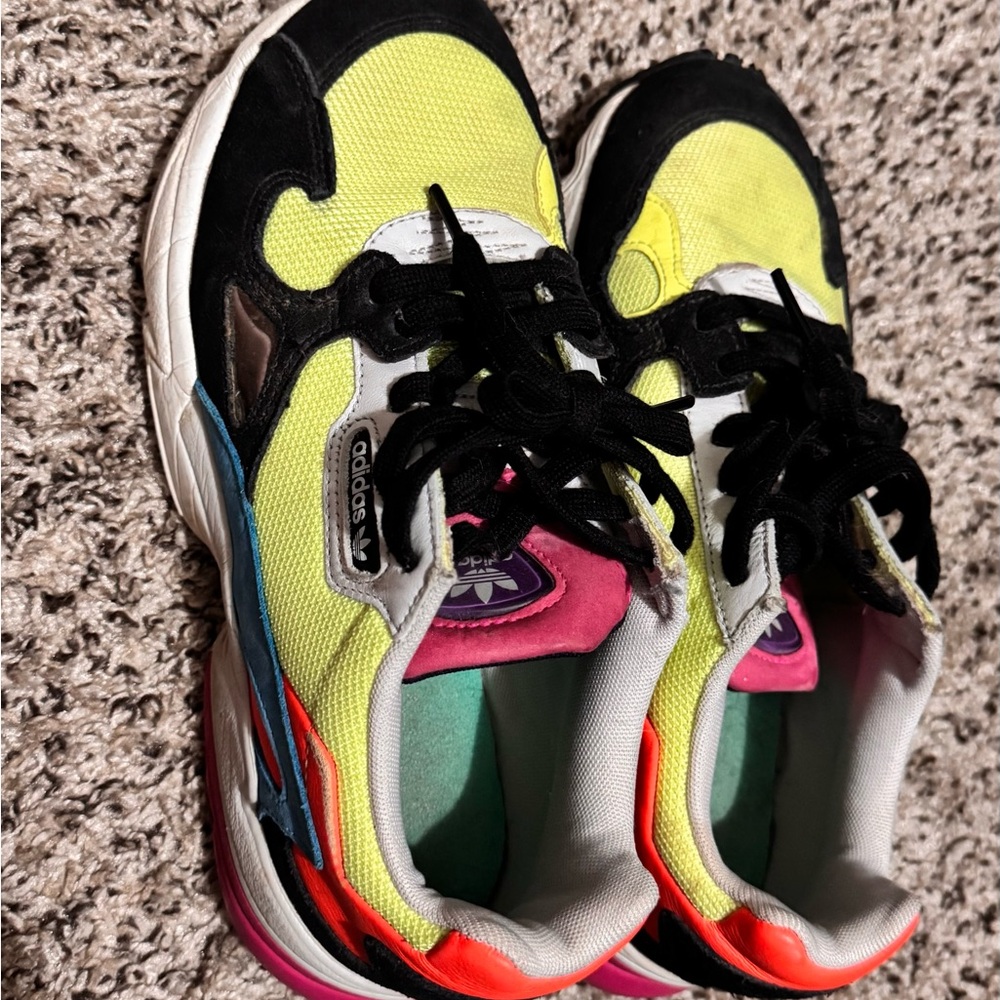 Adidas Neon Yellow and Black Sneakers with Blue and Pink Accents